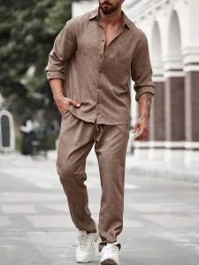 Camisa Casual De Manga Larga Con Botones Y Pantalones Con Cordón